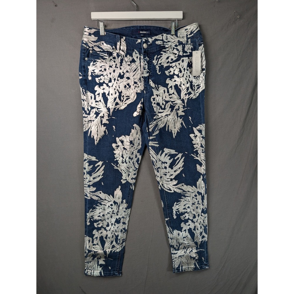 Denim 24/7 Silver Metallic Floral Foil Print Skinny Jeans Blue 16W
